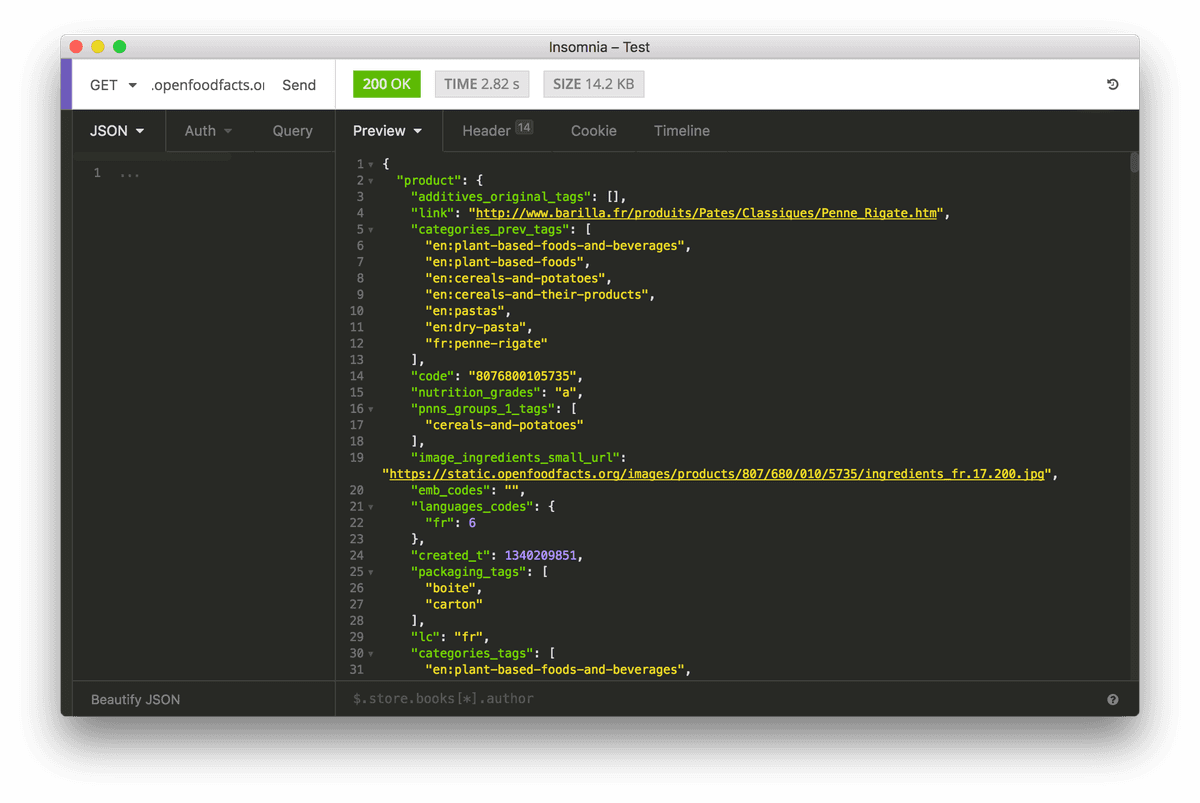 Esempio di info JSON restituita da Open Food Facts